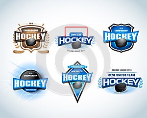 Hockey sport team logotype templates set. Hockey team logo template. Hockey emblem, logotype template, t-shirt apparel design.