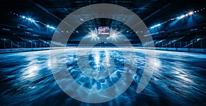 Hockey stadium, empty sports arena with ice rink, cold background - AI generated image