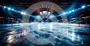 Hockey stadium, empty sports arena with ice rink, cold background - AI generated image