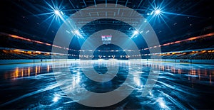 Hockey stadium, empty sports arena with ice rink, cold background - AI generated image