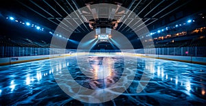 Hockey stadium, empty sports arena with ice rink, cold background - AI generated image