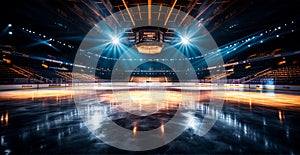 Hockey stadium, empty sports arena with ice rink, cold background - AI generated image