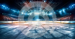 Hockey stadium, empty sports arena with ice rink, cold background with bright lighting - AI generated image