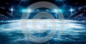 Hockey stadium, empty sports arena with ice rink, cold background with bright lighting - AI generated image