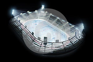 Hockey stadium isolated. Open hockey stadium in the black bsckground. Full spectator stadium. Hockey fans. Lighting