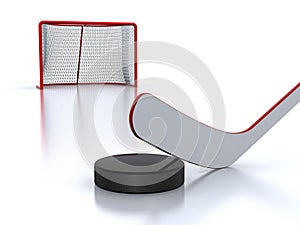 Hockey stick, puck and goal
