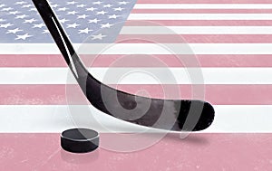 Hockey Stick and Puck with USA Flag on Ice