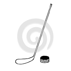 Hockey stick and puck vector illustration, hand drawing doodle