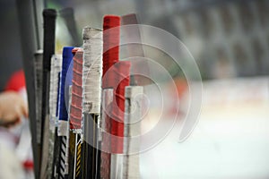 Hockey sticks near the locker room before the game