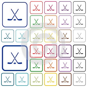 Hockey sticks with puck outlined flat color icons