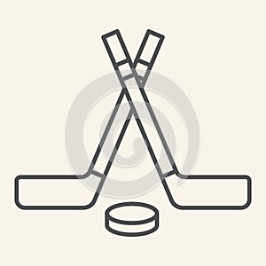 Hockey sticks thin line icon. Winter sport signs outline style pictogram on beige background. Crossed hockey sticks and