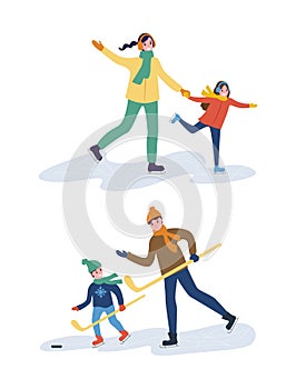 Hockey Training of Father and Son, Mother with Kid