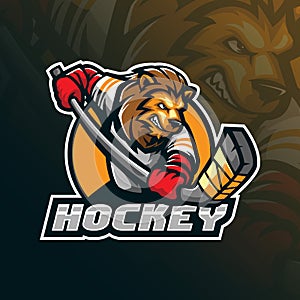 Hockey vector mascot logo design with modern illustration concept style for badge, emblem and tshirt printing. angry lion hockey
