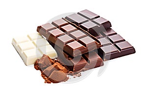 Ð¡hocolate bars isolated on white background, sweet chocolate concept, realistic 3D illustration, generative ai