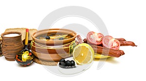 Hodgepodge soup and other food on a white background photo