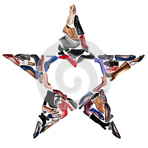 Hoes in the form of a star. Collage. Shoes advertising banner.