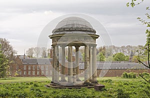 Hoeselt, Limburg - Belgium - 13.05.2021. Old antique gazebo in the park of a medieval castle Alden Biesen. Belgium