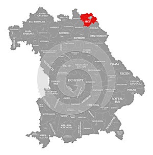 Hof county red highlighted in map of Bavaria Germany
