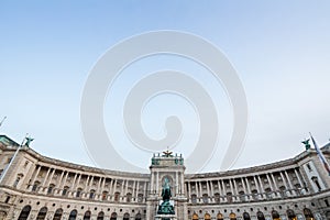 Hofburg palace, on its Neue Burg aisle, taken from the Heldenplatz square, with the 19th century Prinz Eugen statue