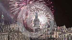 Hofkirche or Cathedral of Holy Trinity and holiday fireworks - baroque church in Dresden, Sachsen, Germany