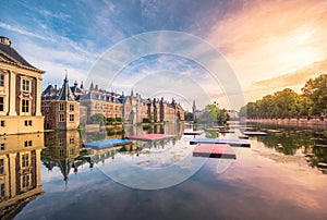 The Hofvijver Pond Court Pond with the Binnenhof complex in The Hague.