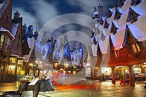 Hogsmeade village in Universal Orlando at night, FL, USA