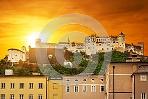 Hohensalzburg Castle in Salzburg at sunset