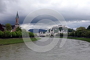 Hohensalzburg fortress on Festung mountain in Salzburg, Austria on bad weather