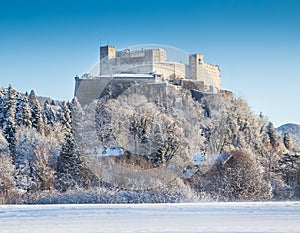 Hohensalzburg Fortress in Salzburg in winter, Salzburger Land, Austria