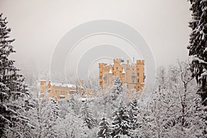 Hohenschwangau Castle in winter landscape, early morning