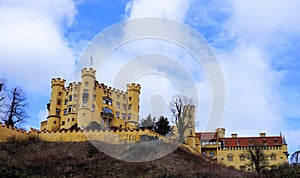 Hohenschwangau, Ostallgau, Bavaria / Germany - March 2018: Exterior view of historic Hohenschwangau Castle, childhood home of King