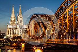 Hohenzollern bridge and Cologne cathedral at dusk