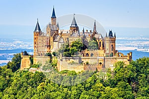 Hohenzollern Castle close-up, Germany. This fairytale castle is famous landmark near Stuttgart