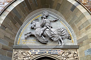 Hohenzollern Castle entrance, luxury relief with medieval knight above gate, Germany