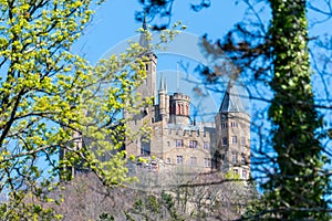 Hohenzollern Castle in Germany on a sunny day from the valley