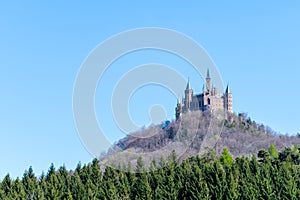 Hohenzollern Castle in Germany on a sunny day from the valley