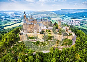 Hohenzollern Castle on mountain top, famous landmark, Germany