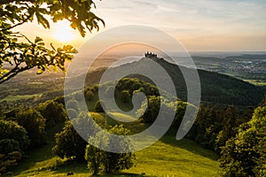 Hohenzollern Castle seen at sunset in South Germany