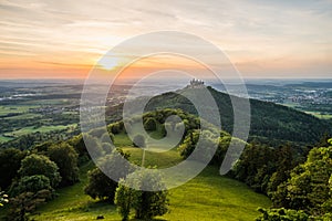 Hohenzollern Castle seen at sunset in South Germany