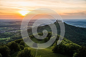 Hohenzollern Castle seen at sunset in South Germany