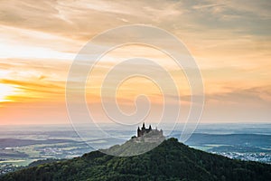 Hohenzollern Castle seen at sunset in South Germany