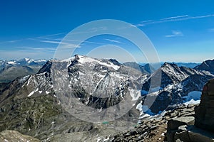 Hoher Sonnblick - Close up view on Schareck in Hohe Tauern mountain range in Carinthia, Austrian Alps. Moelltal glacier