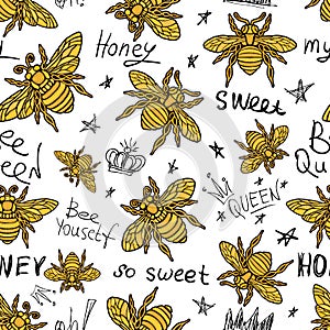 Hohey bee golden embroidery seamless pattern textile fabrics orn