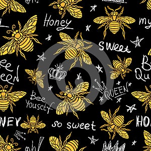 Hohey bee golden embroidery seamless pattern textile fabrics orn