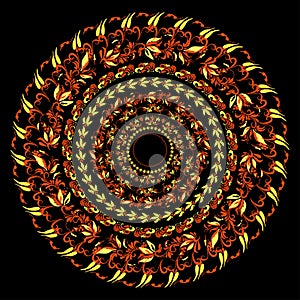 Hohloma traditional round red yellow pattern on a black. vector