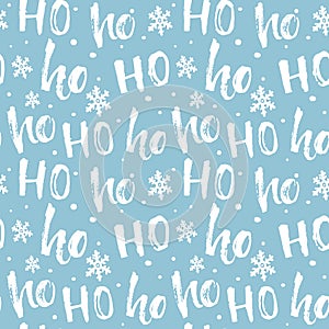 Hohoho pattern, Santa Claus laugh. Seamless background for Christmas design. Vector blue texture with handwritten words