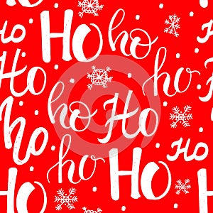 Hohoho pattern, Santa Claus laugh. Seamless texture for Christmas design. Vector red background with handwritten words