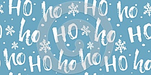 Hohoho seamless pattern for Christmas gifts wrapping, fabric and paper. Funny blue background with white text and