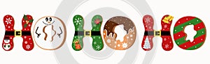HOHOHO vector -  Santa in december Decoration letters with Snowman, gift, snowflakes, cookies chocolate and more.  Decorative 
