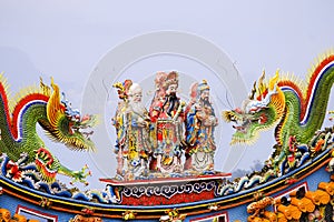 Hok Lok Siu 3 gods symbolizing the 3 auspiciousness of China And the dragon statue in chinese temple Three Chinese god